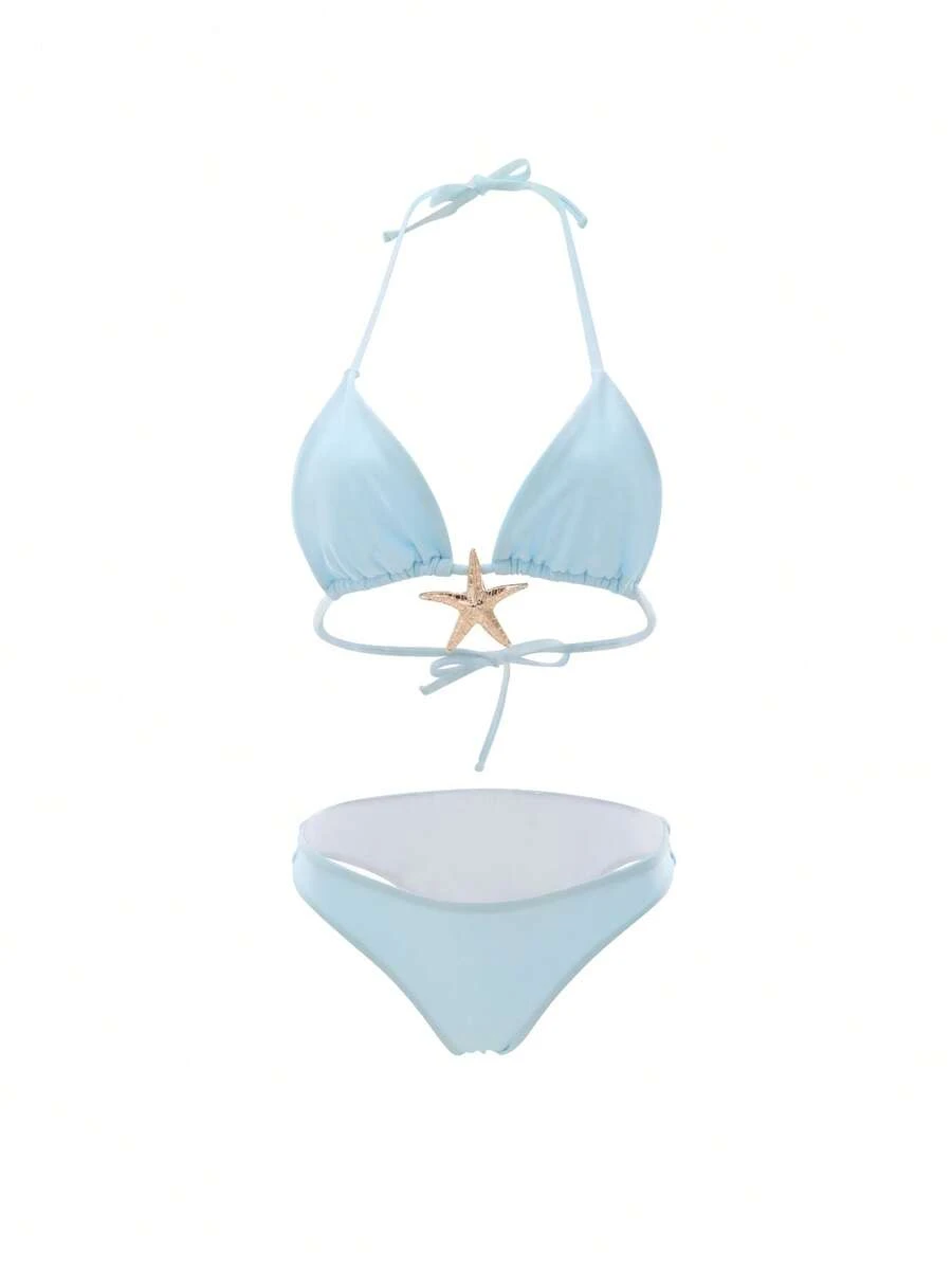 Novo maiô destacável com amarração acolchoada no pescoço, roupa de praia com decoração de estrela-do-mar azul, conjunto de biquíni elegante e sexy para festa. Biquíni de praia feminino da moda para o verão, vestidos de verão para mulheres, roupas de verão para mulheres, festivais, saias, trajes de Ibiza, trajes de banho femininos, conjunto de biquíni, traje de banho feminino, roupa de praia feminina, conjunto de férias, vestido de praia, conjuntos de biquínis femininos, maiô, bojos removíveis para trajes de banho. - Azul - Ver 1