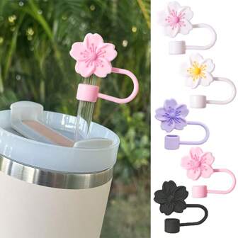 2pcs Creative Sakura Flower Silicone Reusable Straw Caps, Anti-Splashing Anti-Dust Straw Covers, Portable Easy-To-Clean Insulated Cup Accessories, 10mm Extra Large Diameter Floral Straw Lids, Cute Cartoon Floral Straw Dust Cover, Pink/Purple/Black/White-Yellow/White-Pink Back To School