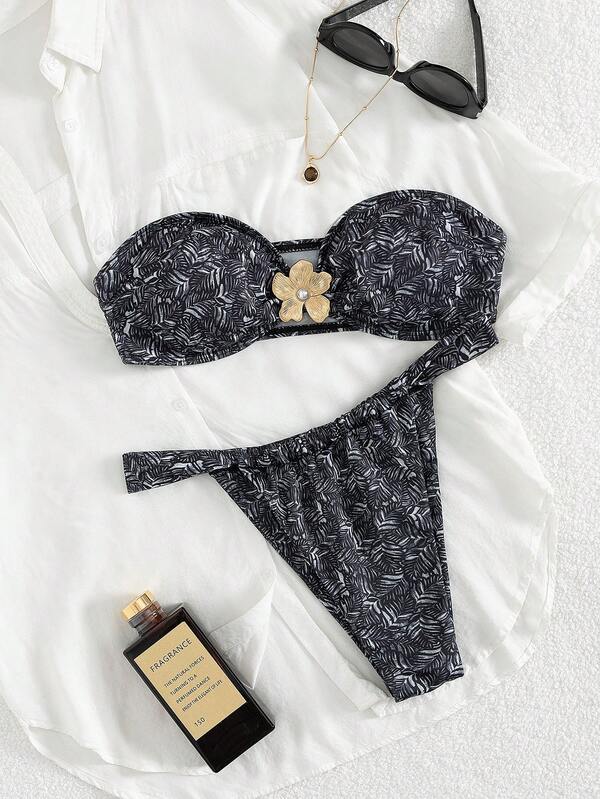 Zufällig bedruckter sexy Bandeau-Bikini Badeanzug, Zweiteiliger Badeanzug für Strandurlaub, Sommer