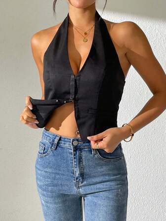 正面纽扣挂脖背心，适合约会、日常穿着和夏季穿着