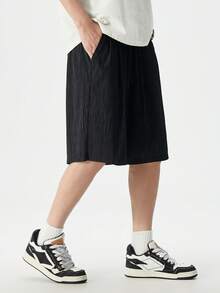 Plus Size Solid Color Knitted Ice Silk Fabric Casual Sports Shorts, Suitable For Summer - Black - View 5