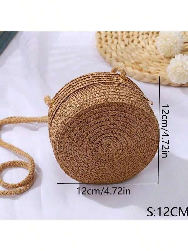 1 bucă geantă rotundă mică maro de 12 cm, articole de bază pentru plajă, genți de vară pentru femei pentru vacanță și vacanță, geantă din răchită, posetă de plajă, perfectă pentru vară, vacanță și utilizare zilnică