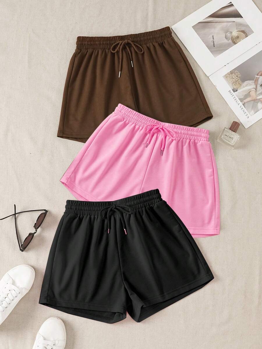 Set de 3 pantalones cortos deportivos de cintura elástica de unicolor - Negro - Ver 1