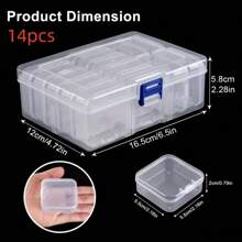 14pcs Plaid Plastic Storage Box Set, Classic Transparent Portable Multifunctional With Buckle Closure, Non-Electric, Suitable For DIY Crafts, Beads, Rings, Hair Accessories, Jewelry And Small Hardware Tools, Jewelry Box, Back To School