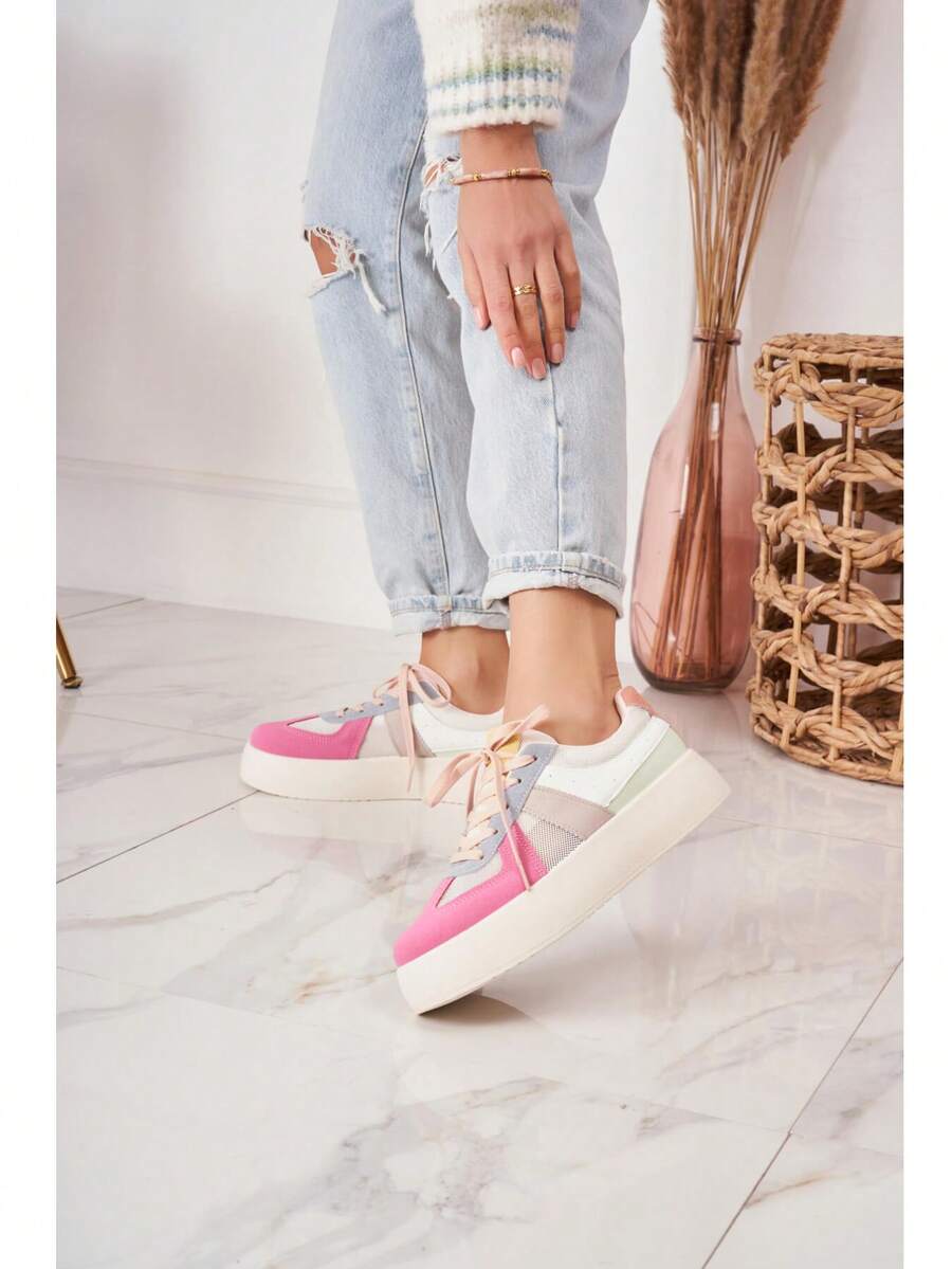 Lace-Up Platform Sneakers With Beaded Details And Stylish Chunky Sole - Multicolor - View 1