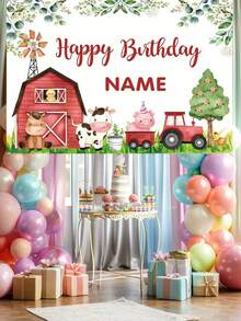 1pc Customizable Farm Themed Birthday Party Banner With Barn Animals And Tractor Designs, Personalized Happy Birthday Sign Decoration - Multicolor - View 6