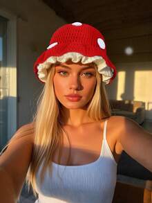 1 件女士手工针织蘑菇帽，可爱小红帽风格，温暖冬季休闲装，节日聚会 - 紅色 - 查看 5