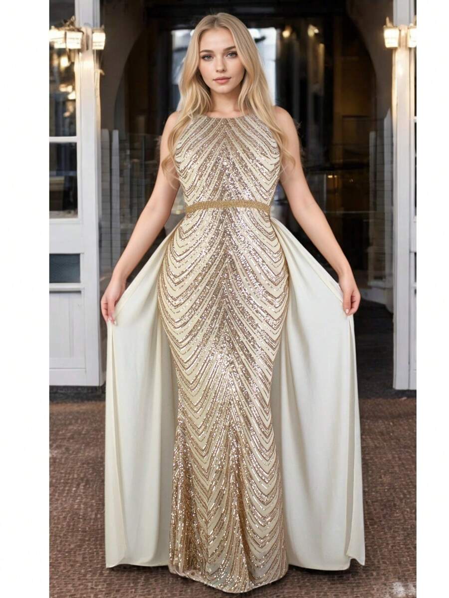 VESTIDO LARGO de fiesta color oro rosa con falda desmontable  Brillo      Contraste Lentejuelas  Abertura alta  Cordón de espalda