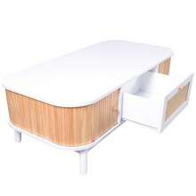Table basse 110 x 55 x 38,5 cm en rotin et bois massif, portes artisanales, rangement pratique - Blanc - Voir 8