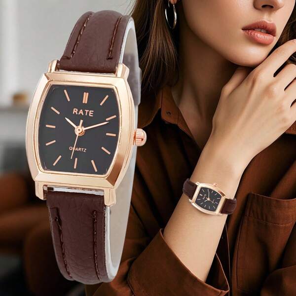 1pc Women's Casual Elegant Minimalist Compact PU Leather Quartz Wrist Watch