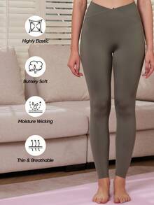 Women's Cross Yoga High Waist Sports Leggings, V-Waist Sports Outdoor Leggings, High Elasticity Cross Waist Sports Leggings, Anti Roll Hip Enhancement, Breathable Quick Drying Sports Leggings, Wide Waist Sports Leggings, Gym, Spring And Summer Seasons - 綠色 - 查看 3