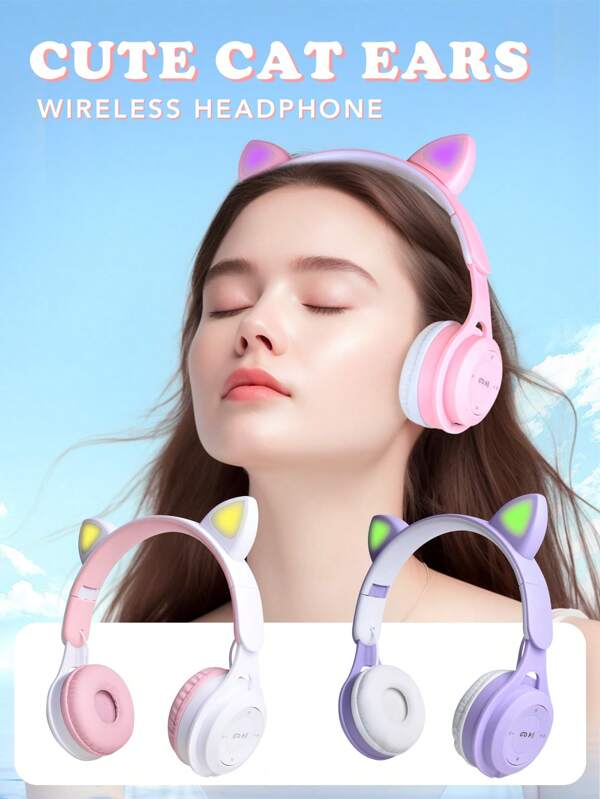Gerripuer Wireless Bluetooth Headphones Earbuds With Cartoon LED Light Up Cat Ear Design, Cute Colorful Headphones For Photography, Office, Gaming, High Fidelity