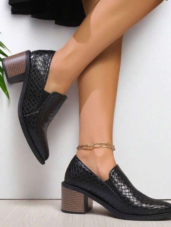 Women's Black Quilted PU Leather Platform Slip-On Loafers, Fashionable Chunky Heel, Business Casual Outdoor Office Work Shoes For Spring/Summer