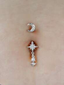 1 件锆石镶嵌星星和月亮肚脐环，女士穿孔饰品，适合派对、日常佩戴、节日、礼物