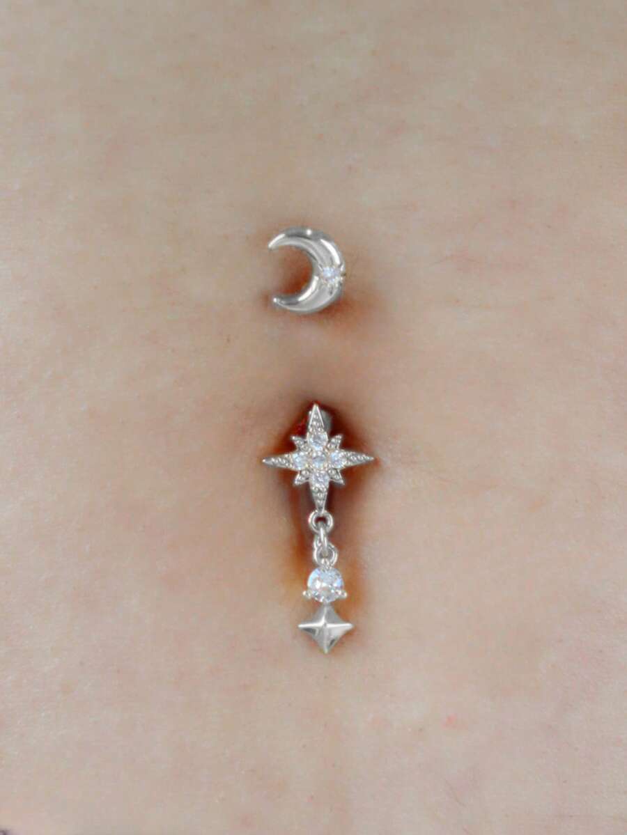 1 件锆石镶嵌星星和月亮肚脐环，女士穿孔饰品，适合派对、日常佩戴、节日、礼物