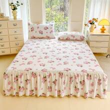1件植物图案床裙，绿色格子，粉色格子，紫色花朵，粉色花朵，彩色花朵，叶子图案，柔软拉绒床裙，芦荟棉面料，荷叶边下摆，公主风，舒适浪漫，亲肤，松紧带设计，适合床垫，四季皆宜，适用于卧室、客房，可机洗 - 彩色 - 查看 3