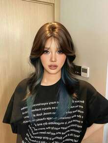 1 Piece Of Dyed Blue Synthetic Heat-Resistant Curly Hair, 24 Inches Long, Made Of Fiber, Suitable For Daily Use, Natural And Realistic Wig. - Blue Highlight - View 2