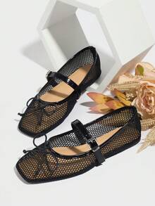 New Ballerina Flat Shoes, Square Toe Flat Shoes For Women, Solid Color With Bow Decor, Breathable Casual Sandals, Fashion And Comfortable Slip-On Flats, Black Color - Black - View 2