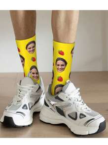 1 Pair Customized Face Pattern Mid-Calf Socks, Gift Socks For Friends, Holiday Socks