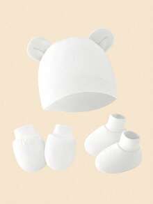 Bộ 3 món mũ tai + găng tay chống trầy xước + bao chân cho bé trai sơ sinh (xanh dương + trắng + xám), thích hợp để đội hàng ngày - Nhiều màu - Xem 2