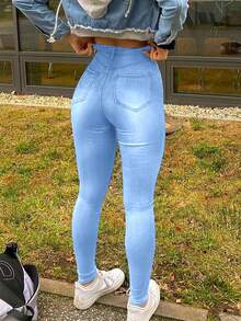 Y2K Streetwear High Waist Elastic Fitted Cargo Skinny Jeans With Pockets, Suitable For Everyday Wear - Light Wash - View 5