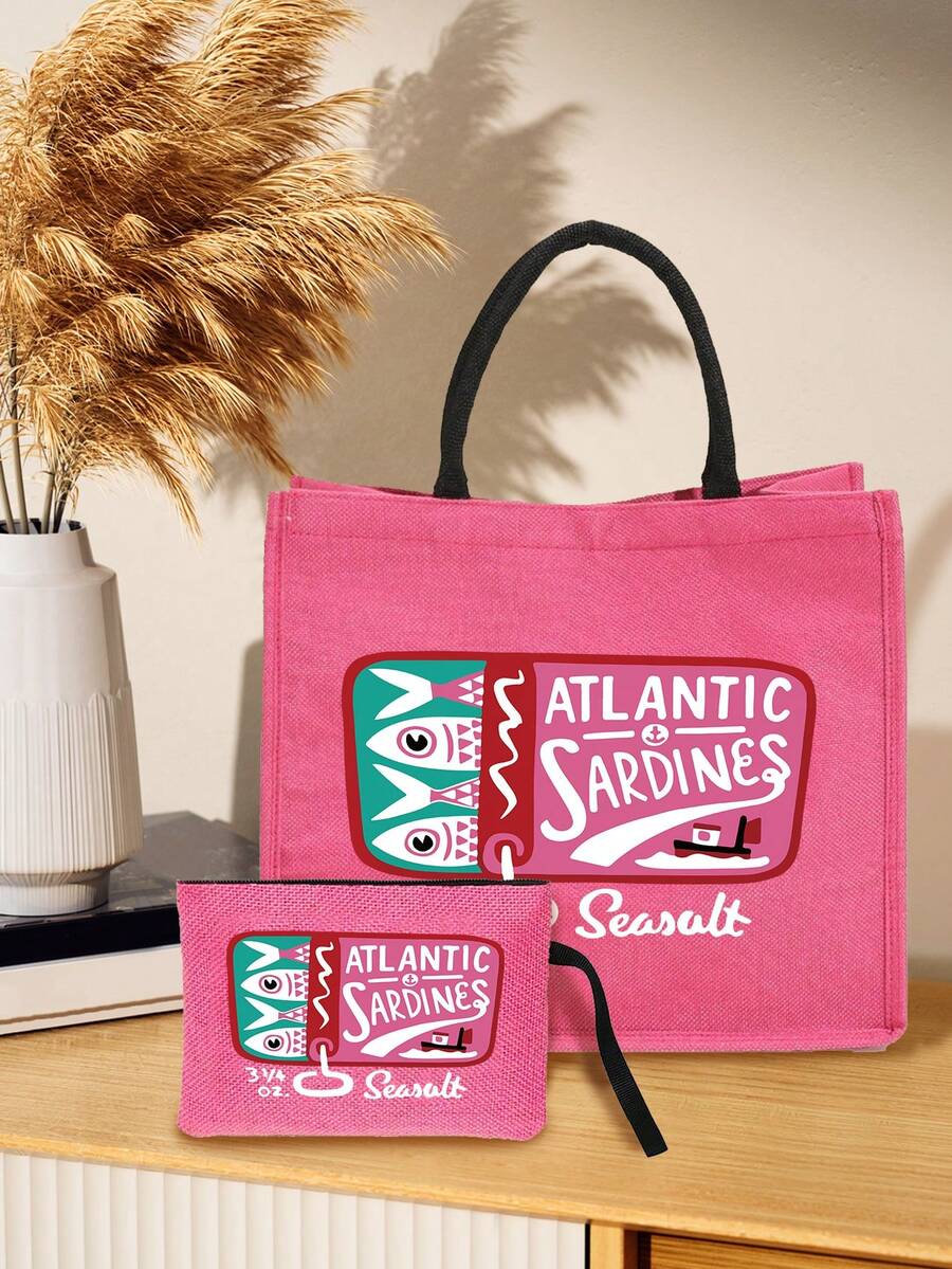 Bộ túi xách dung tích lớn Retro Sardines có họa tiết chữ "Atlantic Ardines", có túi đựng mỹ phẩm, thiết bị lưu trữ mỹ phẩm nhẹ, ví đựng tiền xu đựng đồ dùng cần thiết khi đi du lịch, bộ túi xách và túi đựng mỹ phẩm, thích hợp cho đám cưới, bãi biển và ngày lễ - Màu Hồng Tươi - Xem 1