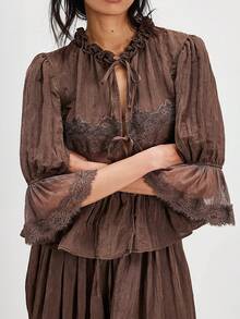 Women Cropped  Shirts Lace See Through Short Sleeve Ruffles Buttons Fashion Blouses Summer Casual Tops Streetwear - 咖啡棕 - 查看 2