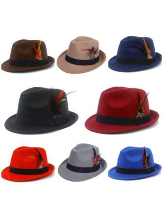 1pc Men's Square Banded Feather Trim Felt Hat, Elegant Jazz Cap Suitable For Daily Wear, Holidays, Stage Performance