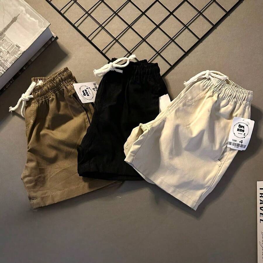 Kit 3 Shorts For Boys, Preppy Twill, Black, Beige, Khaki, Children's Bermuda Shorts - 彩色 - 查看 1