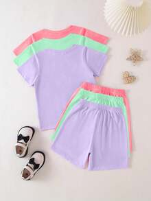 6pcs/Set Girls Casual Solid Color Short Sleeve T-Shirt And Shorts Set, 3 Sets For Summer - Multicolor - View 2