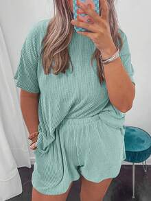 2pcs Plus Size Women Ribbed Knit Loose T-Shirt And Shorts Set - Mint Blue - View 4