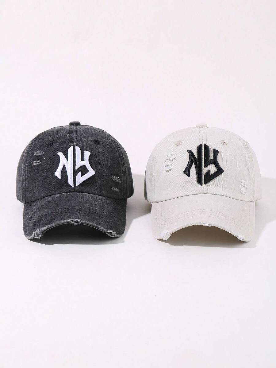 1/2Pcs NY Embroidered Women's Ripped Baseball Cap,For Spring And Autumn Travel Seaside Parties Adjustable Sun Protection Casual Distressed Street Baseball Hat - Multicolor - View 1