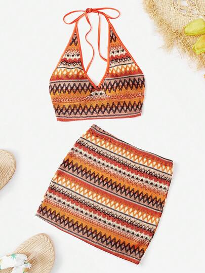 女士几何印花露背吊带无袖短款沙滩裙套装，适合旅行度假、春夏假期