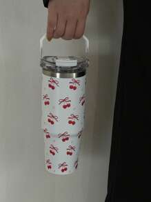 2024 New Design 30oz White Car Cup With Straw | Two-Tone Cherry Print Stainless Steel Tumbler | Portable Handle Leak-Proof Insulated Bottle | Aesthetic Style/Cold Retention Tech/Car Accessories Essential | Travel Mug