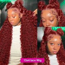 Burgundy Brazilian Deep Wave Lace Front Wig HD Transparent 13x4 Lace Frontal Human Hair Wigs For Women Pre Plucked  Human Hair  Deep Curly Wigs Wine Red 99J Color - S99J - 查看 3