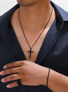 Set de joyería de 3 piezas con colgante, pulsera y anillo de cruz de acero inoxidable simple, estilo casual de calle, regalo ideal para novio, esposo en cumpleaños, aniversario