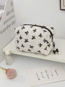 Cute Black&White Ribbon Bow Pattern Cosmetics Storage Bag Soft Fabric Makeup Bag With Detachable Bow Pendant Large Capacity Toiletry Travel Bag With Handle Portable Square Make Up Clutch Bag Fashionable Octagonal Wash Bag With Zipper Good Idea For Wedding Bridesmaid Gifts, Mom Gifts, Birthday Gifts, Valentine's Gift, Back To School Gifts, Travel Must Haves, Beach Bags For Women - White - View 8
