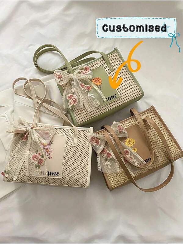 1pc Customizable Fashionable Lightweight Casual Bow-Decor Straw Bag, Hollow Knit Flower Tote Bag, Large Capacity Shoulder Bag, Suitable For Leisure, Shopping, Gifts For Girl, Woman, Unique Gift For Holiday, Graduation, Mother's Day