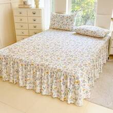 3pcs/Set Minimalist Digital Print Soft & Comfortable Bedding Set, 1 Fitted Sheet + 2 Pillowcases (No Comforter), Romantic Ruffled Elegant & Cozy Bedding Suit For Bedroom, Guest Room, King/Queen/Twin Size, Breathable, All Season, Machine Washable, Elastic Corner Design