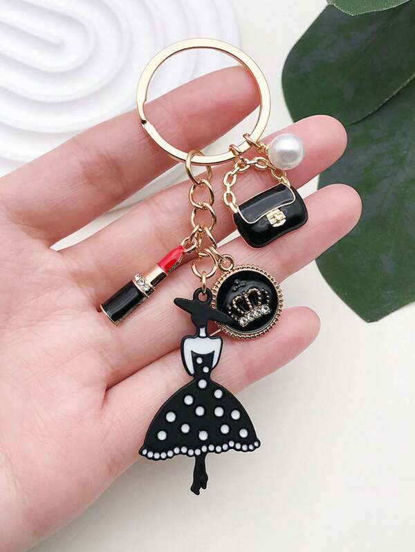 1pc Fashionable & Elegant Luxury Ins Style Oil Drop Women's Classic Black Dress, Lipstick, Bag, Faux Pearl Metal Keychain, Metal Pendant Necklace, Women's Fashion Keychain, Cute Keychain, Interesting Keychain, Women's Gift, Women's Accessory, Suitable For Daily Wear, Phone, Wallet, Earphones, Bag, Backpack, Car Pendant Keychain, Perfect Gift For Friends, Graduation, Back To School Season, Partner/Couple Festival Gift Pearl