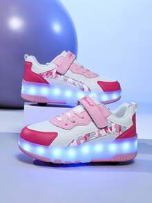 New Kids LED Roller Skate Shoes, 4 Wheels Rechargeable Retractable Wheels Glowing Leather Design Cute Contrast Color Hook And Loop Sports Shoes Suitable For All Seasons, Boys Girls LED Roller Skating Shoes, Flashing When Walking - Pink - View 4