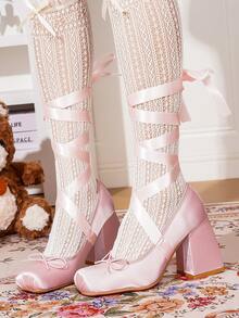 Lolita Ballerina Style Square Toe High Heels With Cross Strap, Mary Jane French Girl Style Satin Bow Solid Color Fashion Y2K PU Leather Outdoor Shoes, All Seasons - Pink - View 3