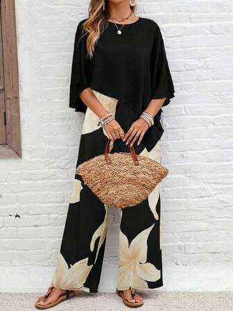 2 件套女士夏季休闲纯色不对称下摆上衣和花卉印花裤