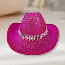 Women's Cowgirl Hat Stylish Rhinestone Design Sun Hat Wide Brim Western Cap For Party Daily Life - Hot Pink - View 2