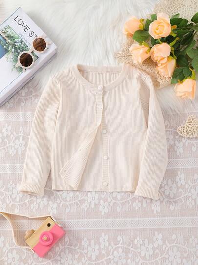 女童经典纯色罗纹圆领针织开衫，轻盈简约，适合居家、日常或户外穿着，四季皆宜