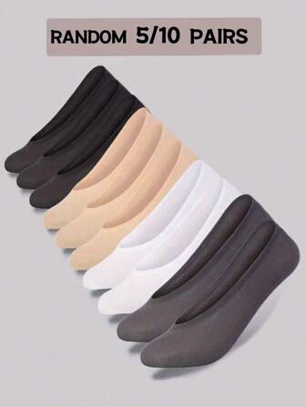 5/10 pares de calcetines invisibles de silicona tipo barco de moda para mujer, colores aleatorios