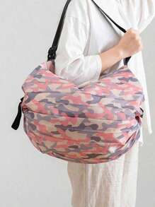 1 件粉色迷彩可折叠购物袋 - 高品质尼龙，大容量旅行和健身手提包，耐用面料和肩带，轻便适合运动、健身和日常使用，日常购物袋 | 可折叠手提包 | 尼龙购物袋，可重复使用购物袋