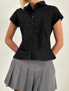 Women's Summer Slim Fit Shirt Solid Color Short Sleeve Lapel Button Down Pleated Tops - Black - View 6