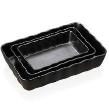 vancasso 3 Pieces Bakeware Set, Black Porcelain, Kitchen, Rectangular Baking Tray With Corrugated Edge, Baking Dish, Three Different Size, 33oz/49oz/101oz - Black - View 2