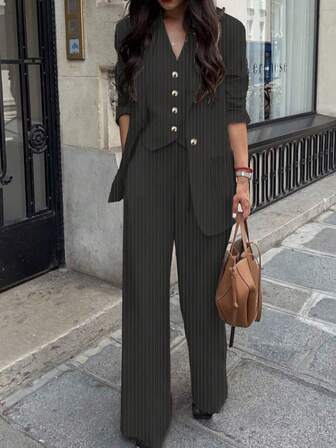 Women's Casual Commuter Striped Jacket, Pants, Vest 3-Piece Suit Set, Spring/Summer